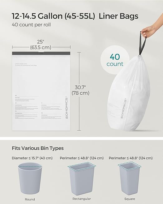 SONGMICS Trash Bags for 12-14.5 Gallon Trash Cans, Pre-Separated, Liner Code - Image 8