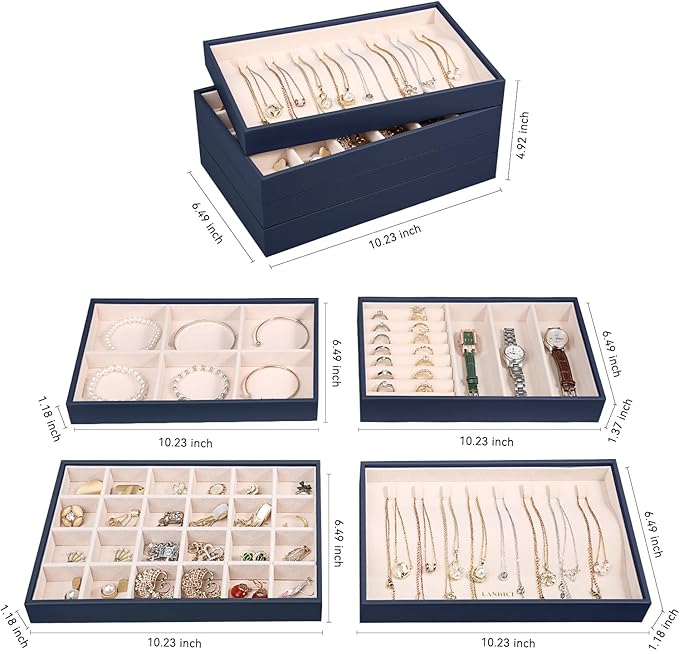 LANDICI Stackable Jewelry Organizer Trays 4 Set, PU Leather Jewelry Organizer - Image 4