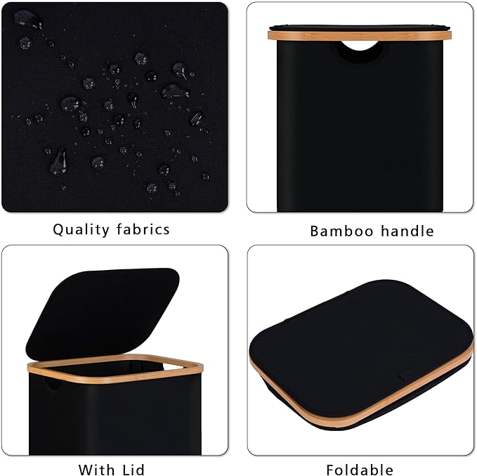 100L Laundry Hamper with Lid, Lagre Basket with Bamboo Handles, Foldable - Image 2