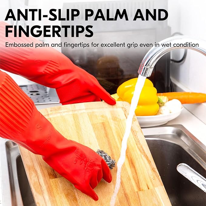 Vgo... 1-Pair Reusable Long Sleeve Thick Latex Dishwashing Gloves - Image 4
