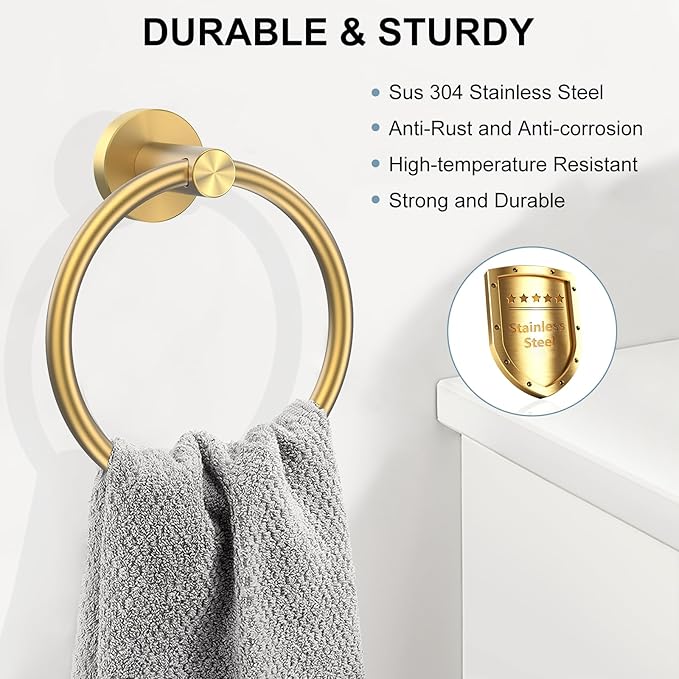 SetSail Towel Holder for Bathroom Wall Screw-in Gold Towel Ring Stainless Steel - Image 2
