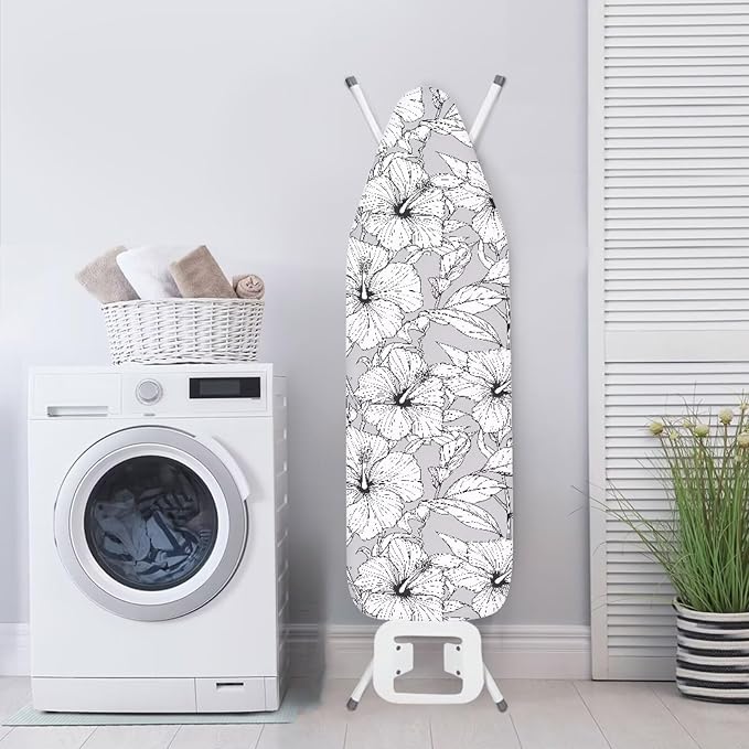 Black White Hibiscus Flower Ironing Board Cover-15x 54 Sketch Tropical Flowers - Image 3