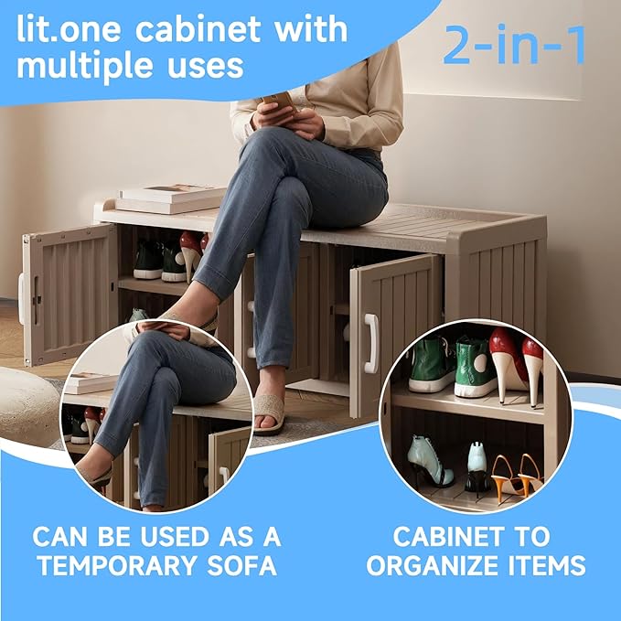 3 Doors Shoe Bench, Waterproof & UV-Resistant, Resin Shoe Cabinet Indoor & Outdoor Use, Entryway Bench with Adjustable Shelves & Hidden Storage Space for Bedroom, Hallway, Grey - Image 7
