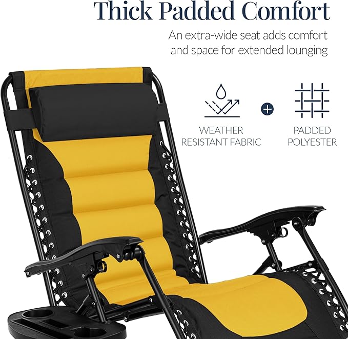 Best Choice Products Oversized Padded Zero Gravity Chair, Folding Outdoor Patio Recliner, XL Anti Gravity Lounger for Backyard w/Headrest, Cup Holder, Side Tray, Polyester Mesh - Black/Yellow - Image 5