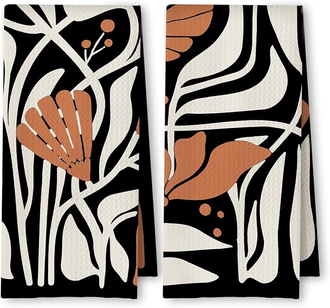Abstract Boho Black and Beige Brown Floral Kitchen Towels Set of 2, 70s Retro by Unknown