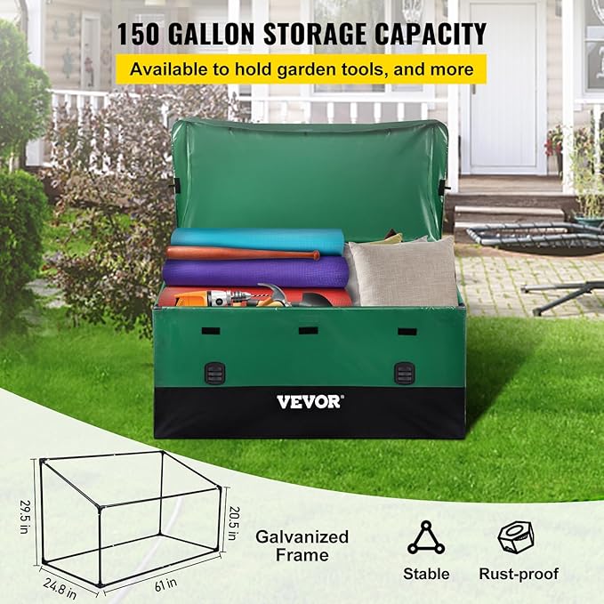 VEVOR Outdoor Storage Box, 150 Gallon Waterproof PE Tarpaulin Deck Box w/Galvanized Frame, All-Weather Protection & Portable, for Camping, Garden, Poolside, and Yard, Black & Green - Image 4