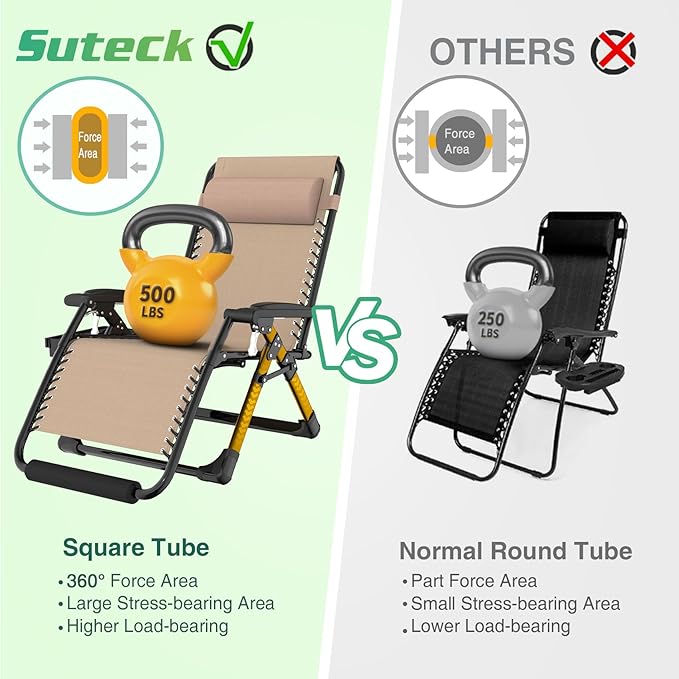 Suteck Oversized Zero Gravity Chair,33In XXL Outdoor Recliner Chair w/Removable Cushion&Headrest, Camping Lounge Chair w/Upgraded Lock&Footrest, Reclining Patio Chairs for Indoor Outdoor,500LBS - Image 6