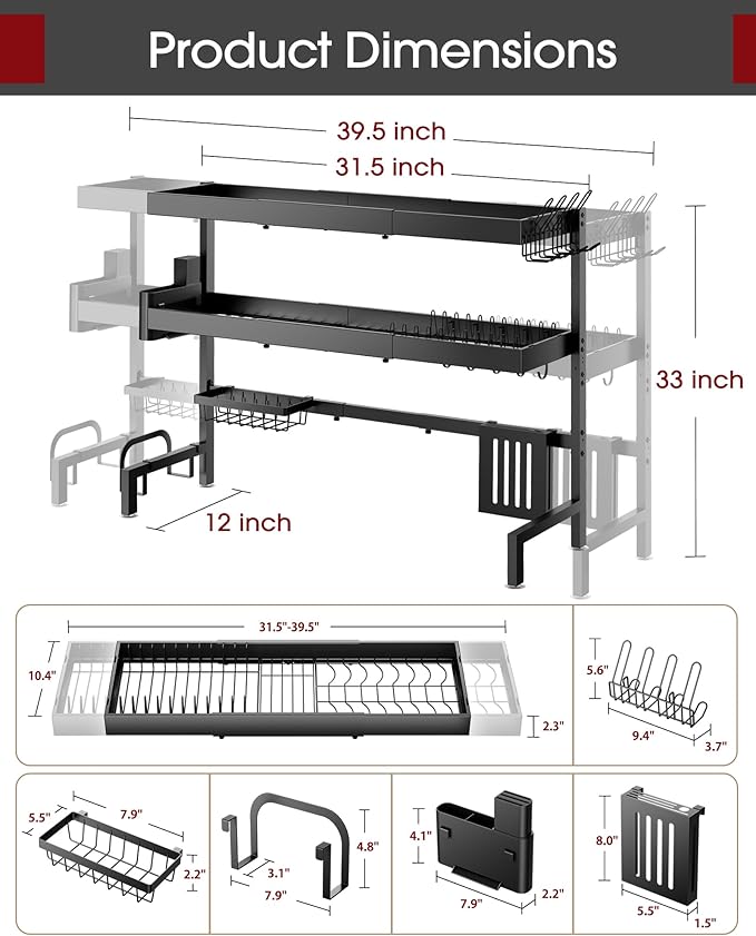 Over The Sink Dish Drying Rack, Expandable 3-Tier Stainless Steel Kitchen - Image 4