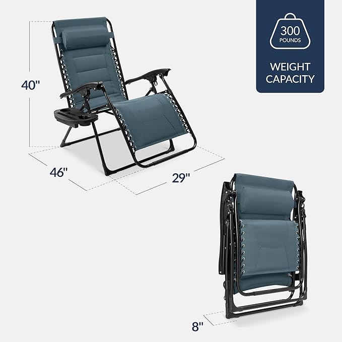 Best Choice Products Oversized Padded Zero Gravity Chair, Folding Outdoor Patio Recliner, XL Anti Gravity Lounger for Backyard w/Headrest, Cup Holder, Side Tray, Polyester Mesh - Slate Blue - Image 2