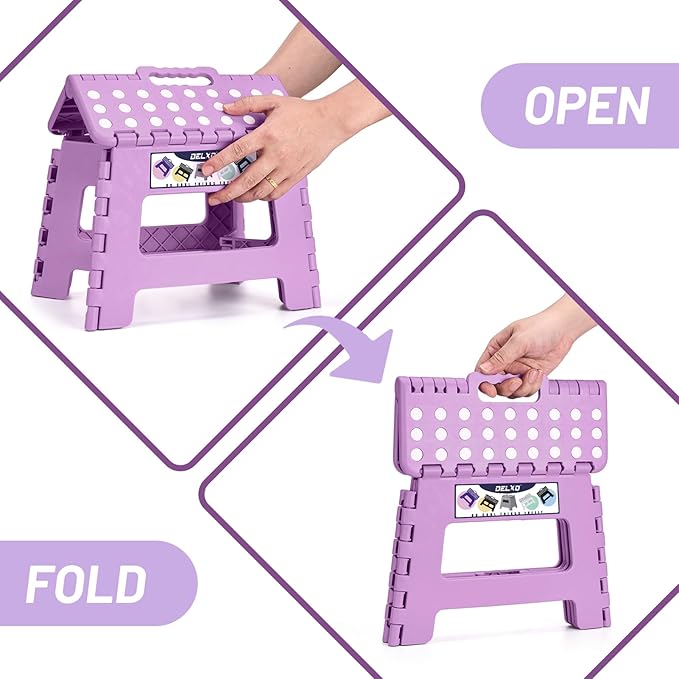 Delxo 9 inch Folding Step Stool, Non-Slip Foldable Small Stools Up to 300 LBS, Kids Step Stool with Handle Lightweight for Kitchen, Bathroom, Bedroom, Garden, Light Purple, 1PC - Image 4