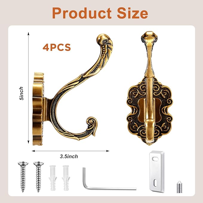 Zonon 4 Pcs Antique Gold Vintage Coat Hooks Decorative Towel Hooks - Image 2