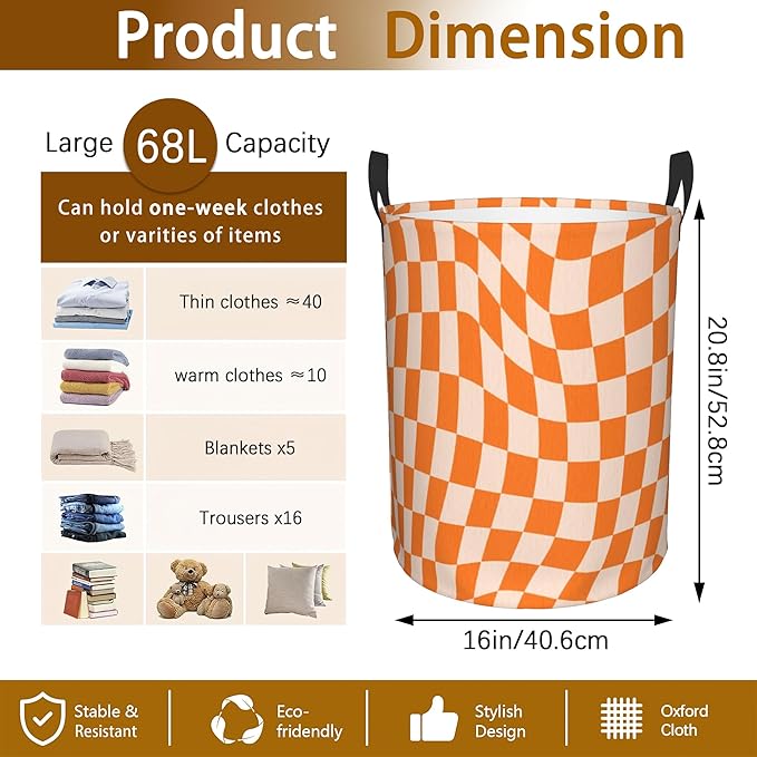 Groovy Retro Wavy Checkered Orange Laundry Basket, Waterproof Foldable Laundry - Image 2