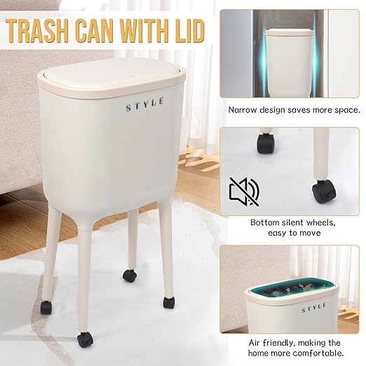 XPIY 4 Gallon Trash Can with Wheels and Lid, Modern Narrow Garbage Can with - Image 4