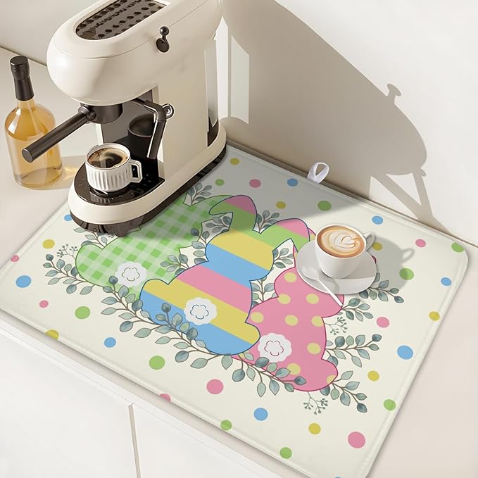 Easter Bunny Dish Drying Mat for Kitchen Counter Cute Rabbit Colorful Polka - Image 7