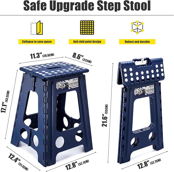 Delxo Folding Step Stool 17.5 Inch,Heavy Duty Step Stools for Adults,Non Slip Folding Stool with Handle,Premium Portable Foldable Step Stool for Kitchen Bathroom Bedroom Up to 400LBS,(Royal Blue,1PC) - Image 4