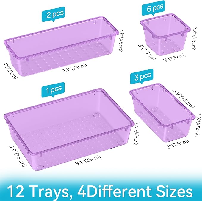 12-Piece Drawer Organizer Set, 4 Sizes Versatile Plastic Vanity Organizer - Image 2