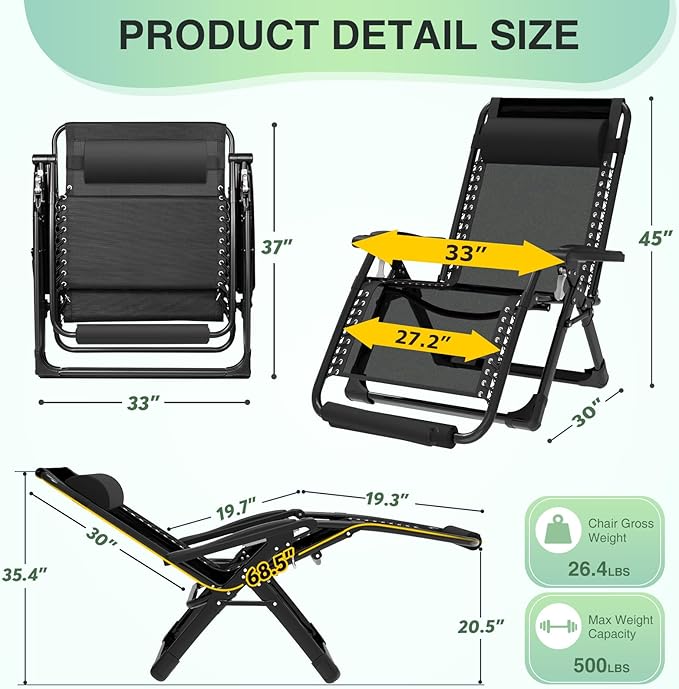 Suteck Oversized Zero Gravity Chair,33In XXL Lounge Chair w/Removable Cushion&Headrest, Reclining Camping Chair w/Upgraded Lock and Footrest, Reclining Patio Chairs Recliner for Indoor Outdoor,500LBS - Image 3