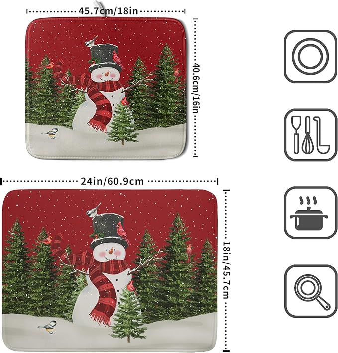 Christmas Dish Drying Mat for Kitchen Counter Red Xmas Snowman Trees Birds - Image 2