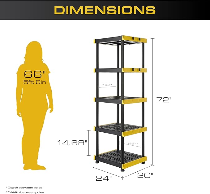 BLACK & YELLOW 5-Tier Heavy Duty Plastic Storage Shelving Unit, 5 Shelves Support up to 100lb/shelf, Organization and Storage, Weather-Resistant Design, Easy Assembly, American Made (72H x 24W x 20D) - Image 3