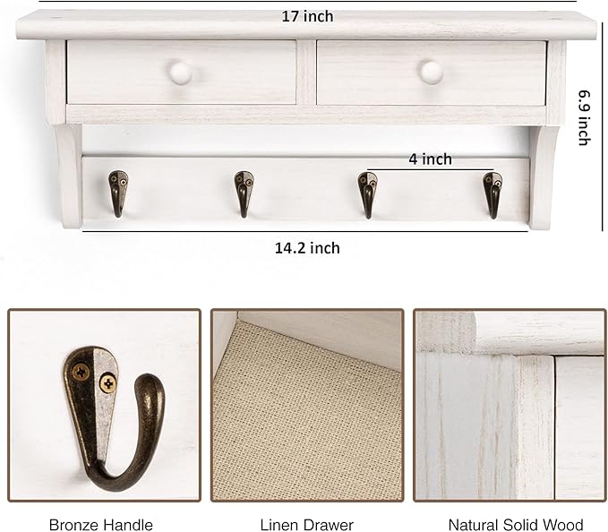 Emfogo Coat Hooks Wall Mounted, Rustic Wood Coat Rack Wall Mount Shelf - Image 6