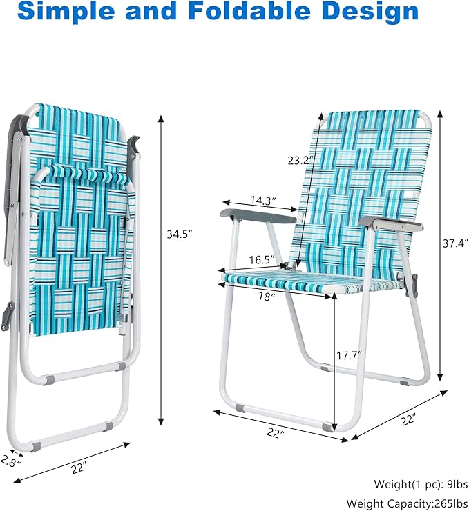 VINGLI Patio Lawn Webbed Folding Chairs Set of 2, Outdoor Beach Chair Portable Dining Chair for Outdoor Yard, Garden (White & Blue, Classic) - Image 4