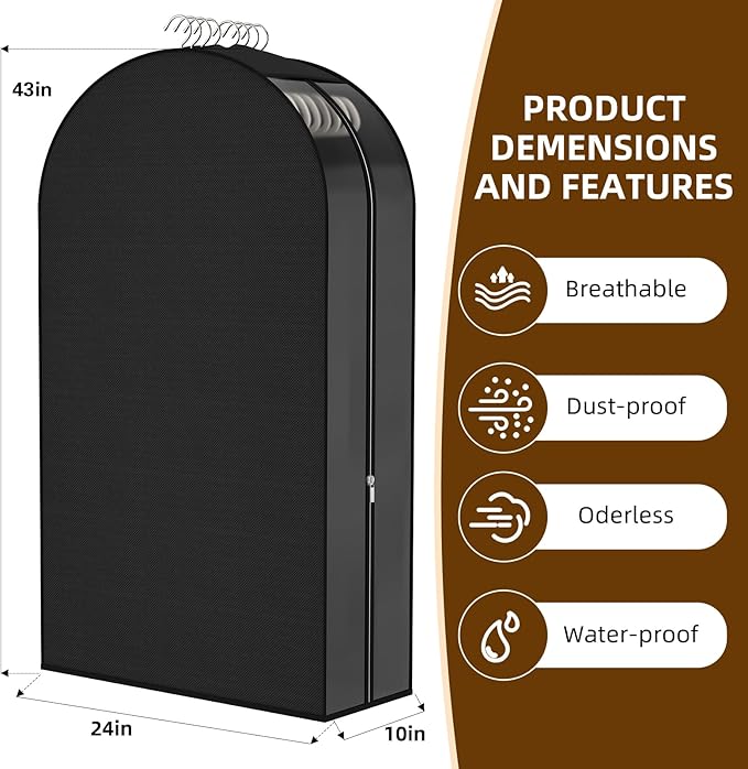 Black Garment Bags for Hanging Clothes 4 Packs, 10“ Gusseted and 43" Clothes - Image 2