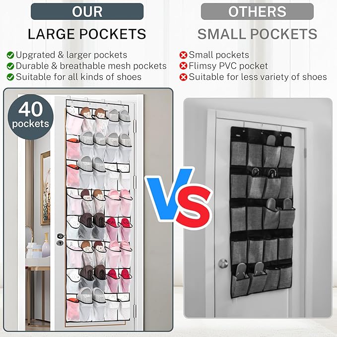 40 Large Mesh Pocket Over the Door Shoe Organizer, Hanging Shoe Rack - Image 2