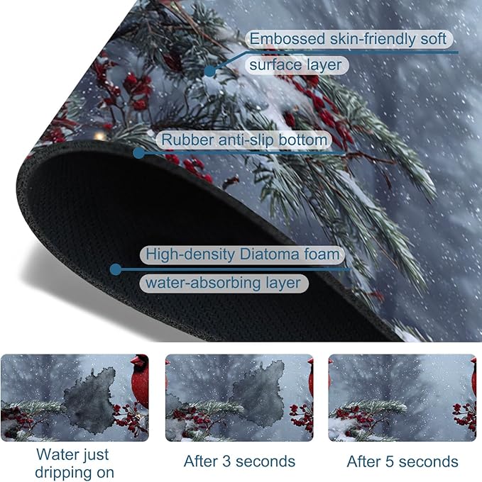 Christmas Winter Kitchen Sink Splash Guard Faucet Mat Cardinal Super Absorbent - Image 3