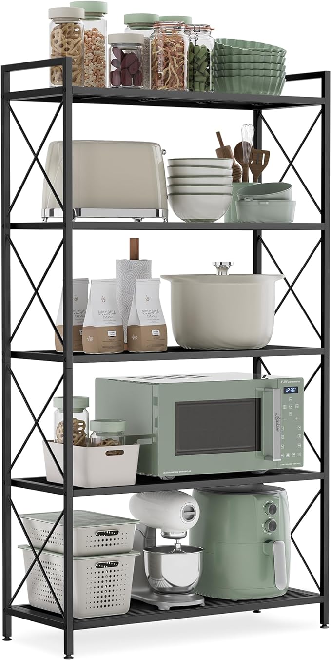 SONGMICS 5-Tier Metal Storage Rack, Shelving Unit with X Side Frames, Dense Mesh, 12.6 x 31.5 x 57.3 Inches, for Entryway, Kitchen, Living Room, Bathroom, Industrial Style, Ink Black UBSC185B01 by SONGMICSbySONGMICSHOME
