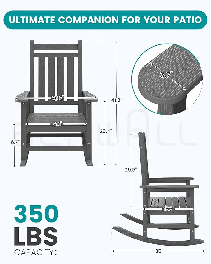 SERWALL HDPE Outdoor Rocking Chair Set of 8, Patio Rocking Chairs for Adults, All Weather Outdoor Rockers for Lawn, Grey - Image 3