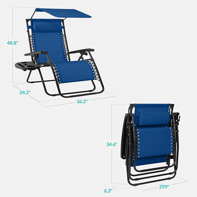 Best Choice Products 30” Wide Folding Zero Gravity Outdoor Recliner Patio Lounge Chair w/Adjustable Canopy Shade, Headrest, Side Accessory Tray - Marine - Image 2