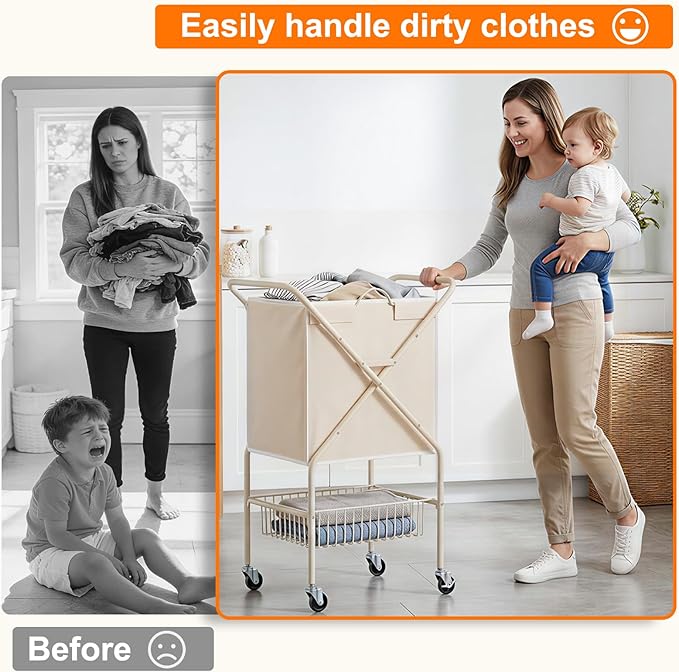Laundry Basket with Wheels:88L Rolling Laundry Cart Foldable Metal Frame Dirty - Image 6