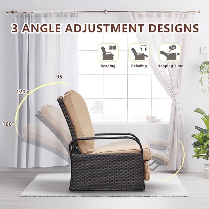 ATR ART TO REAL Outdoor Recliner, Outdoor Wicker Recliner Chair with 5.12'' Cushions, Automatic Adjustable Patio Chaise Lounge Chairs, Aluminum Frame. UV Protected and Rustless (Khaki) - Image 4