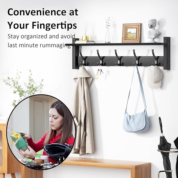 Coat Rack Wall Mount with Shelf, 24 Inch Coat Hanger Walls Mounted, Hat Rack - Image 5