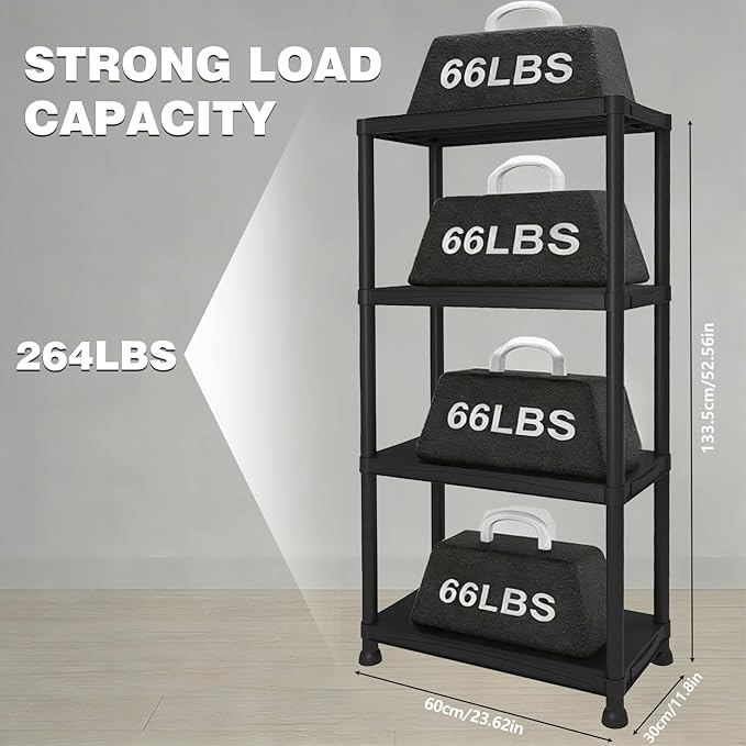 Plastic Storage Shelves, 11.8" D x 23.62" W x 52.56" H Plastic Shelves for Storage, 4-tier Shelving Unit, Storage Rack, 264 lbs, Bathroom, Laundry, Garage & Home - Image 3