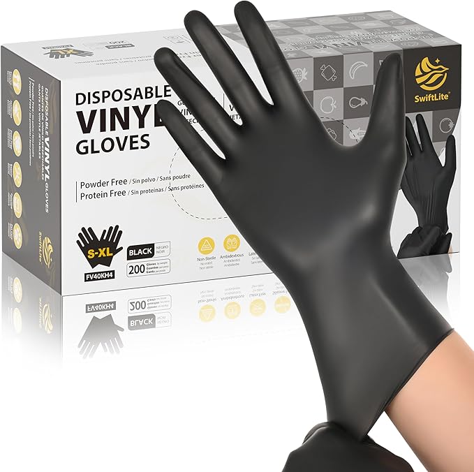 Black Vinyl Gloves, Food Grade Gloves Disposable Latex Free & Powder Free by SWIFTLITE