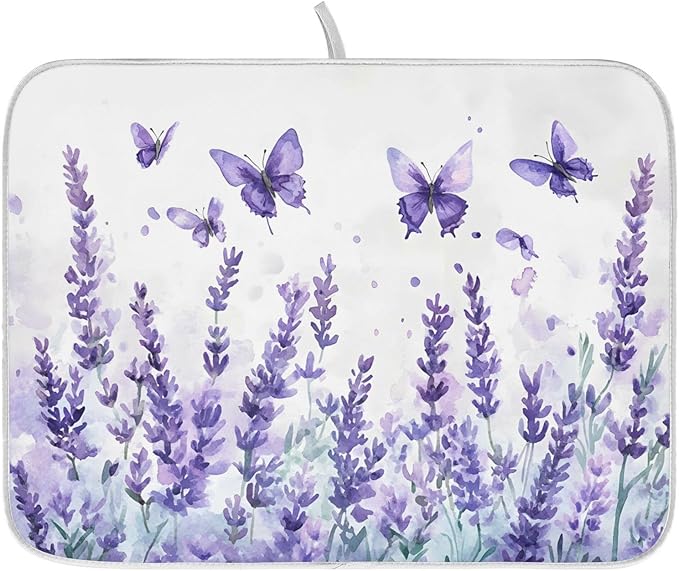 Purple Lavender Spring Summer Flower Floral Dish Drying Mat by ALAZA