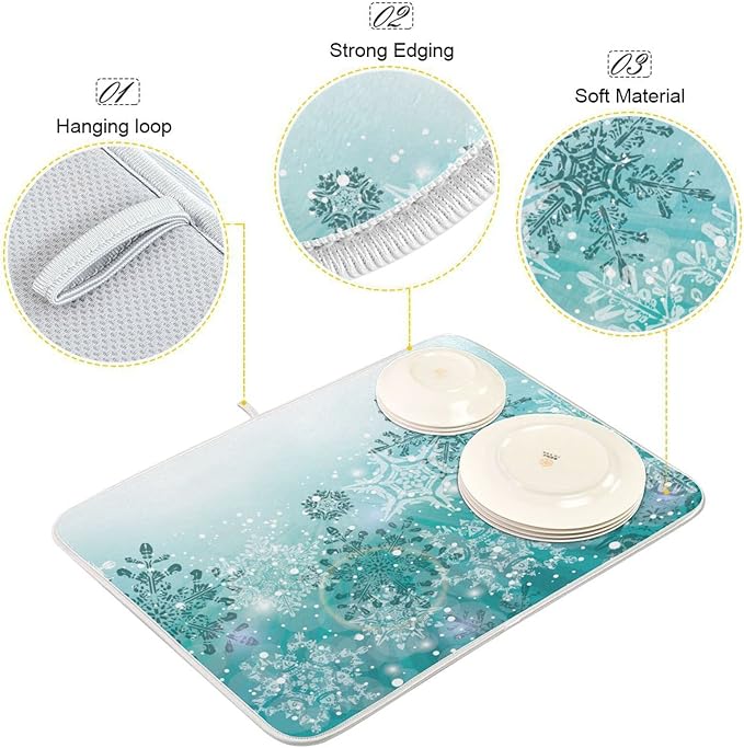 ALAZA Silver Winter Teal Turquoise Snowflakes Christmas Dish Drying Mat - Image 4