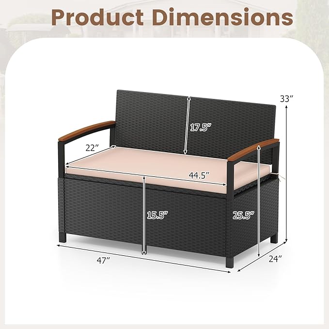 Tangkula 46 Gallon Outdoor Bench with Storage, Outdoor PE Rattan Storage Bench with Cushion, Backrest & Acacia Wood Armrests, Metal Frame, Waterproof Deck Box Seat for Porch Backyard Poolside - Image 2