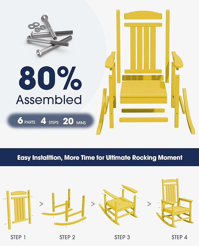 KINGYES Outdoor Rocking Chair Set of 2, High Density Polyethylene Patio Rocking Chairs with 330lbs Support for Adults, Yellow - Image 3