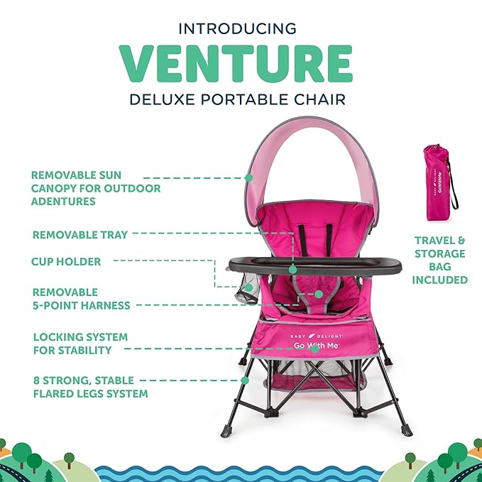 Baby Delight Go with Me Venture Portable Chair | Indoor and Outdoor | Sun Canopy | 3 Child Growth Stages | Pink - Image 2
