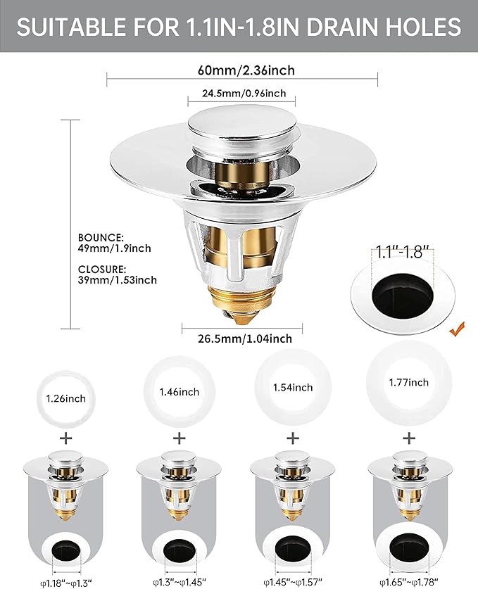 Fransiton Bathroom Sink Stopper, 1.1-1.77 Inch Basin Pop Up Sink Drain Stopper - Image 2