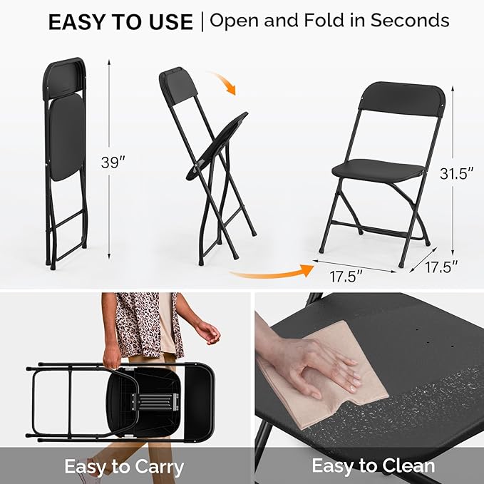 VINGLI 6 Pack Black Plastic Folding Chair, Indoor Outdoor Portable Stackable Commercial Seat with Steel Frame 350lb. Capacity for Events Office Wedding Party Picnic Kitchen Dining - Image 3