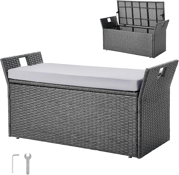 VEVOR Outdoor Storage Bench, 2-Person PE Rattan Storage Bench, 40 Gal Deck Box with Cushion & Side Handle, Supports up to 400 lbs, Weatherproof Outdoor Seating & Porch Decor for Patio Garden Balcony by VEVOR
