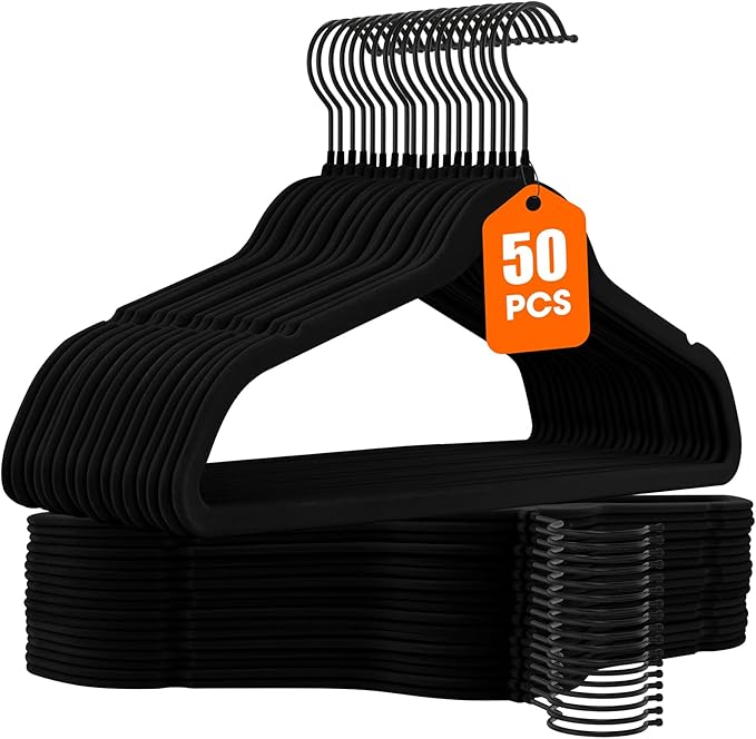 50 Pack Black Velvet Hangers, Coat Hanger Non Slip, Heavy-Duty, Space Saving by Uinicor