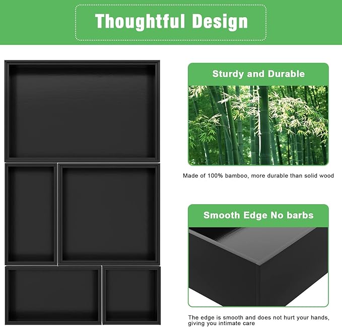 Black Bamboo Bathroom Drawer Organizer, Wooden Kitchen Utensil Holder Set of 5 - Image 7