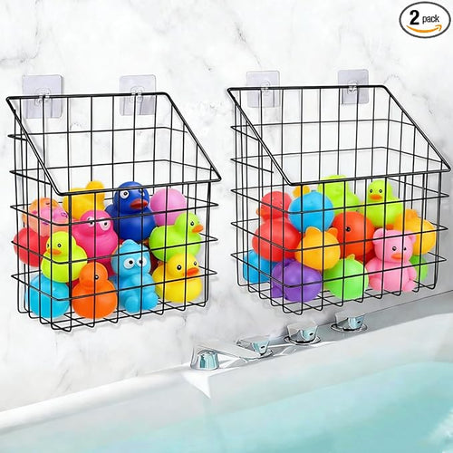 2 Pack Bath Tub Toy Storage Organizer Basket, Rustproof Black Iron Holder by Noamus