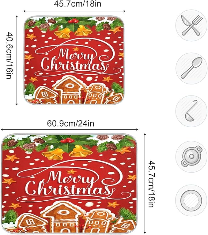 Christmas Gingerbread Holly Berry Santa Bell Dish Drying Mat - Image 3