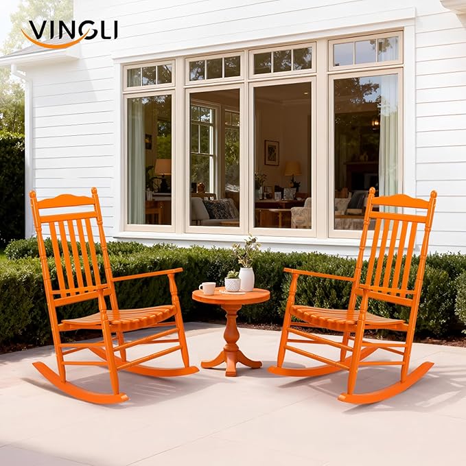 VINGLI Wooden Rocking Chair, Outdoor Chair with 450 lbs Support, Relaxing Rocker with Solid Wood High Back Seat Reclining Seat for Deck, Garden, Backyard, Porch, Indoor or Outdoor Use (Orange, 2PCS) - Image 2