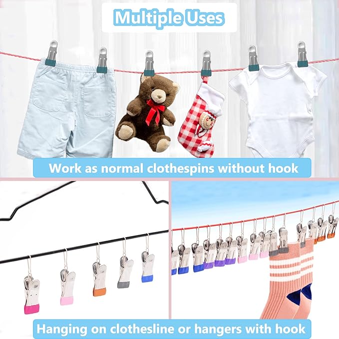Clothes Pins with Removable Hook, 32 Pack Stainless Steel Colored Clothespins - Image 3